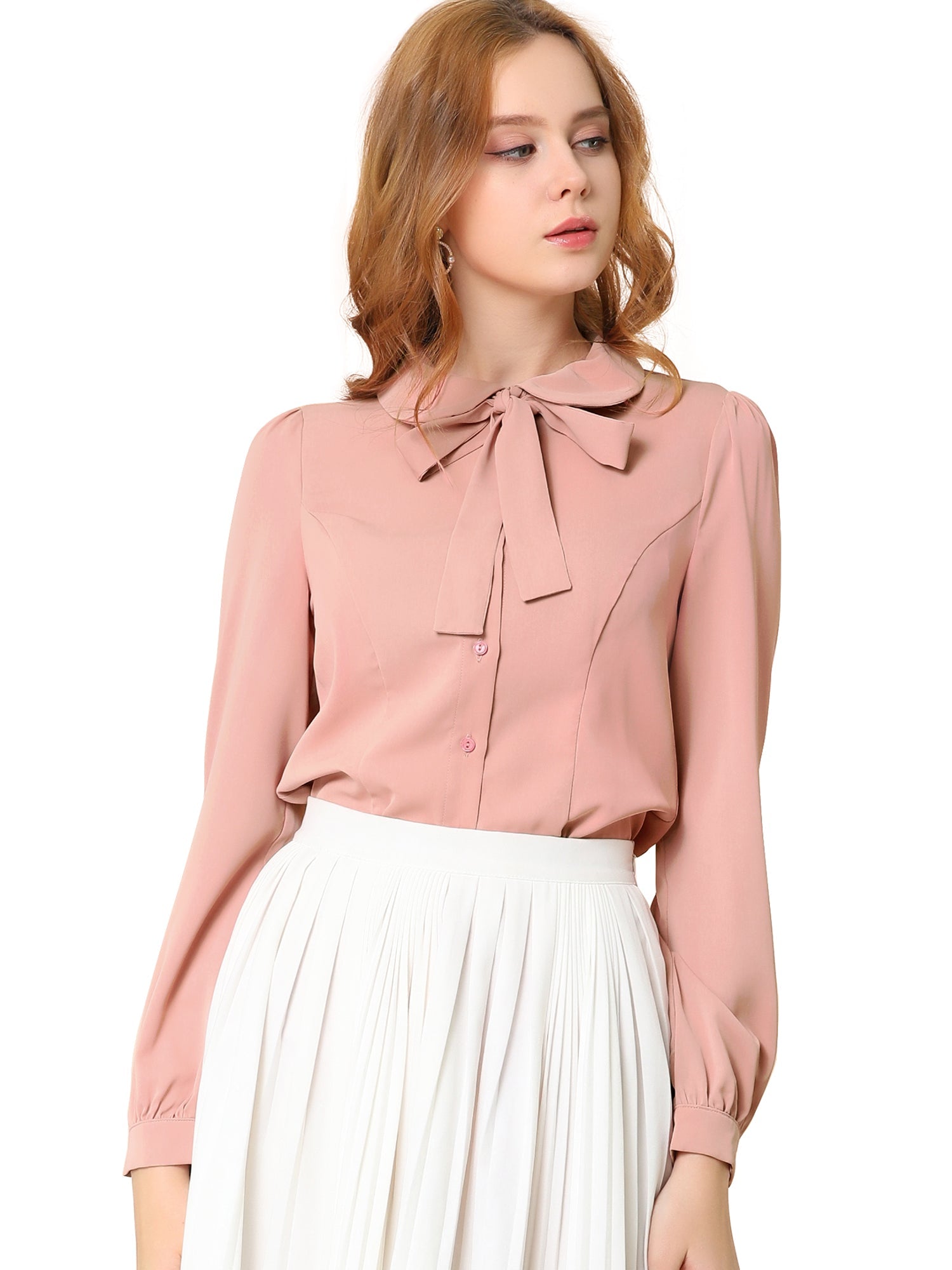 Peter Pan Collar Chiffon Bow Tie Neck Puff Sleeve Button Blouse