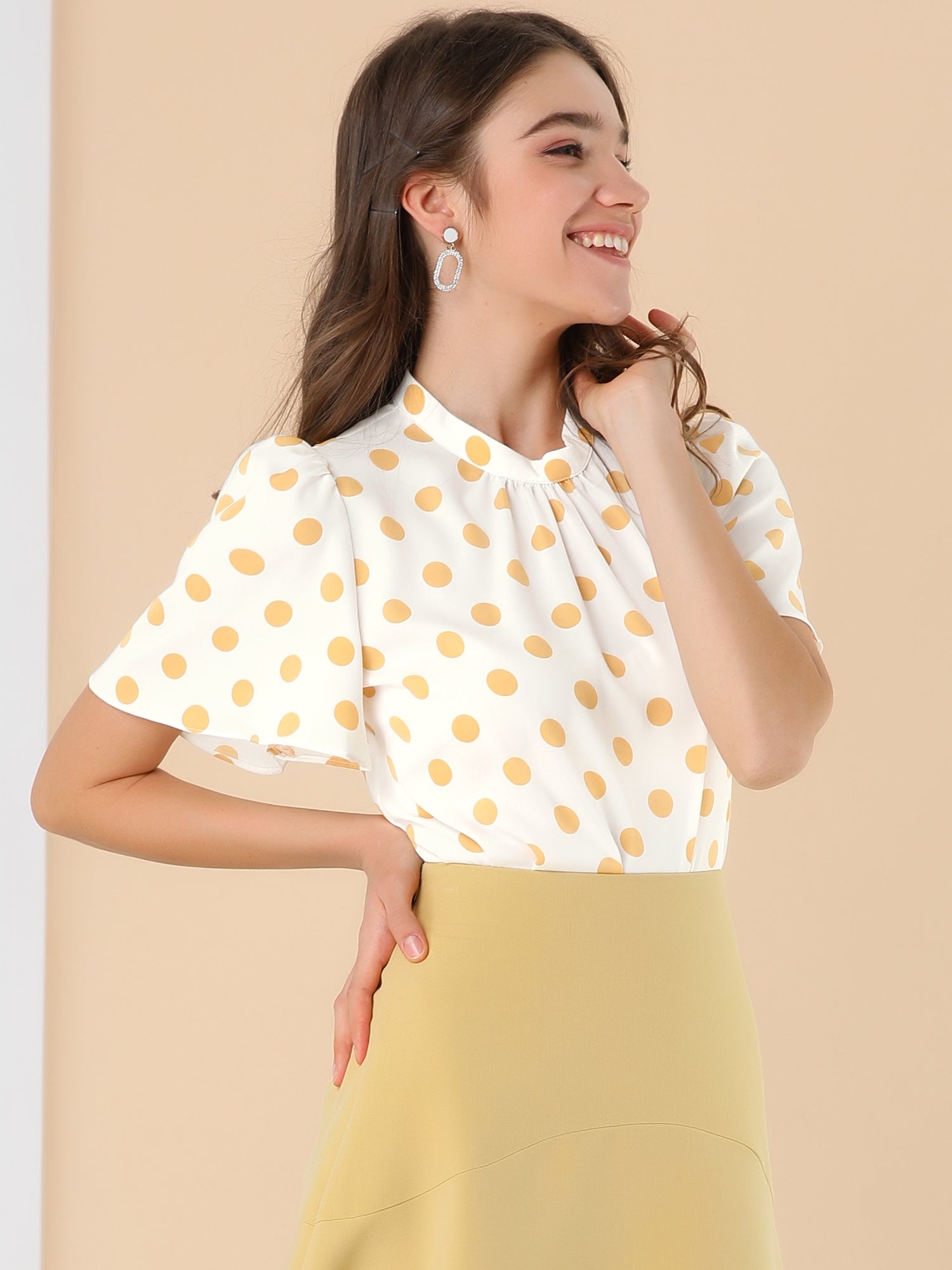 Polka Dots Stand Collar Pleat Keyhole Short Flare Sleeve Blouse
