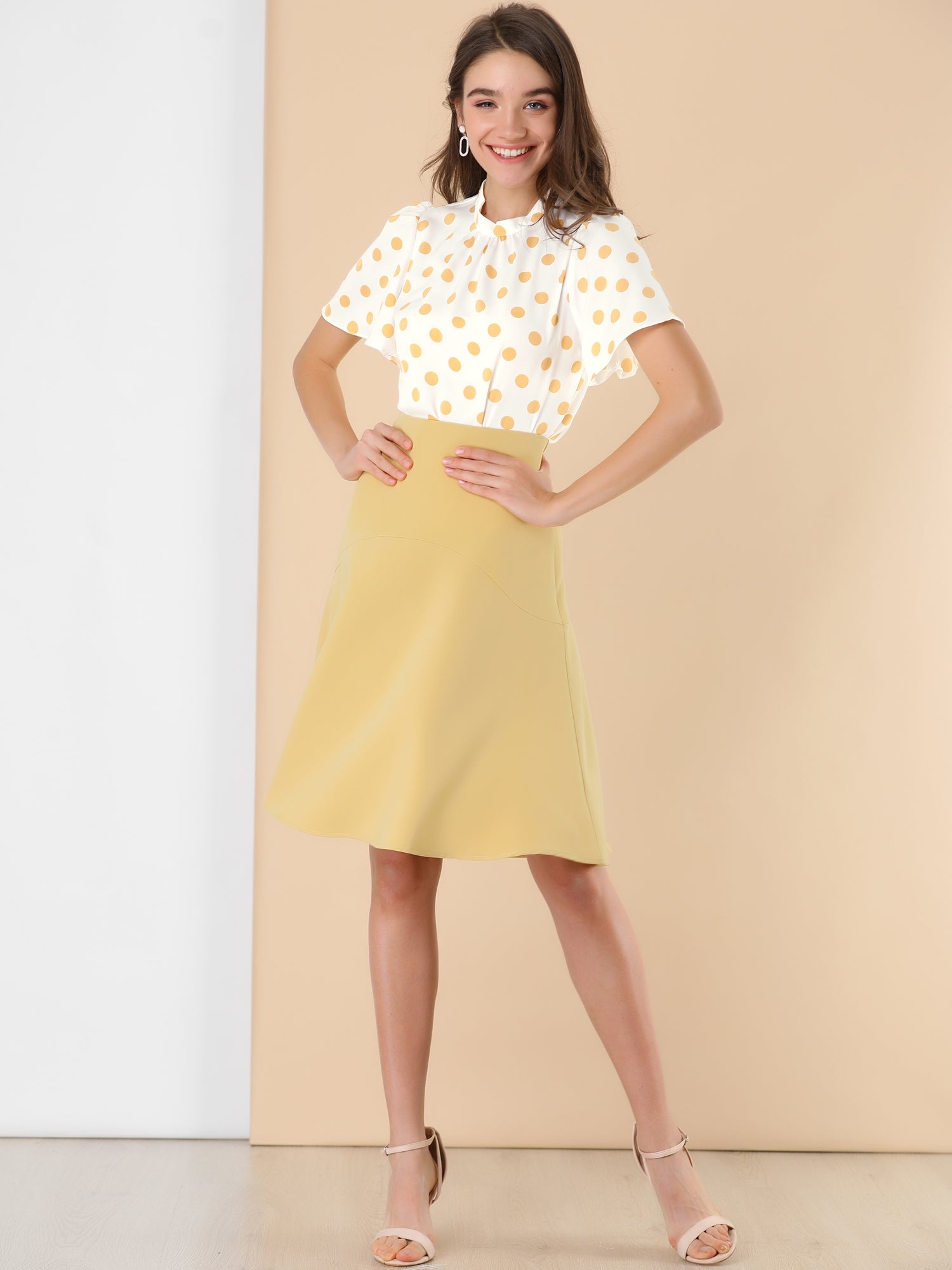 Polka Dots Stand Collar Pleat Keyhole Short Flare Sleeve Blouse