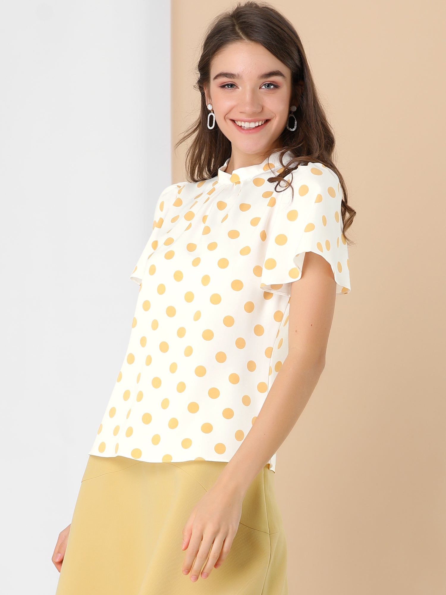 Polka Dots Stand Collar Pleat Keyhole Short Flare Sleeve Blouse