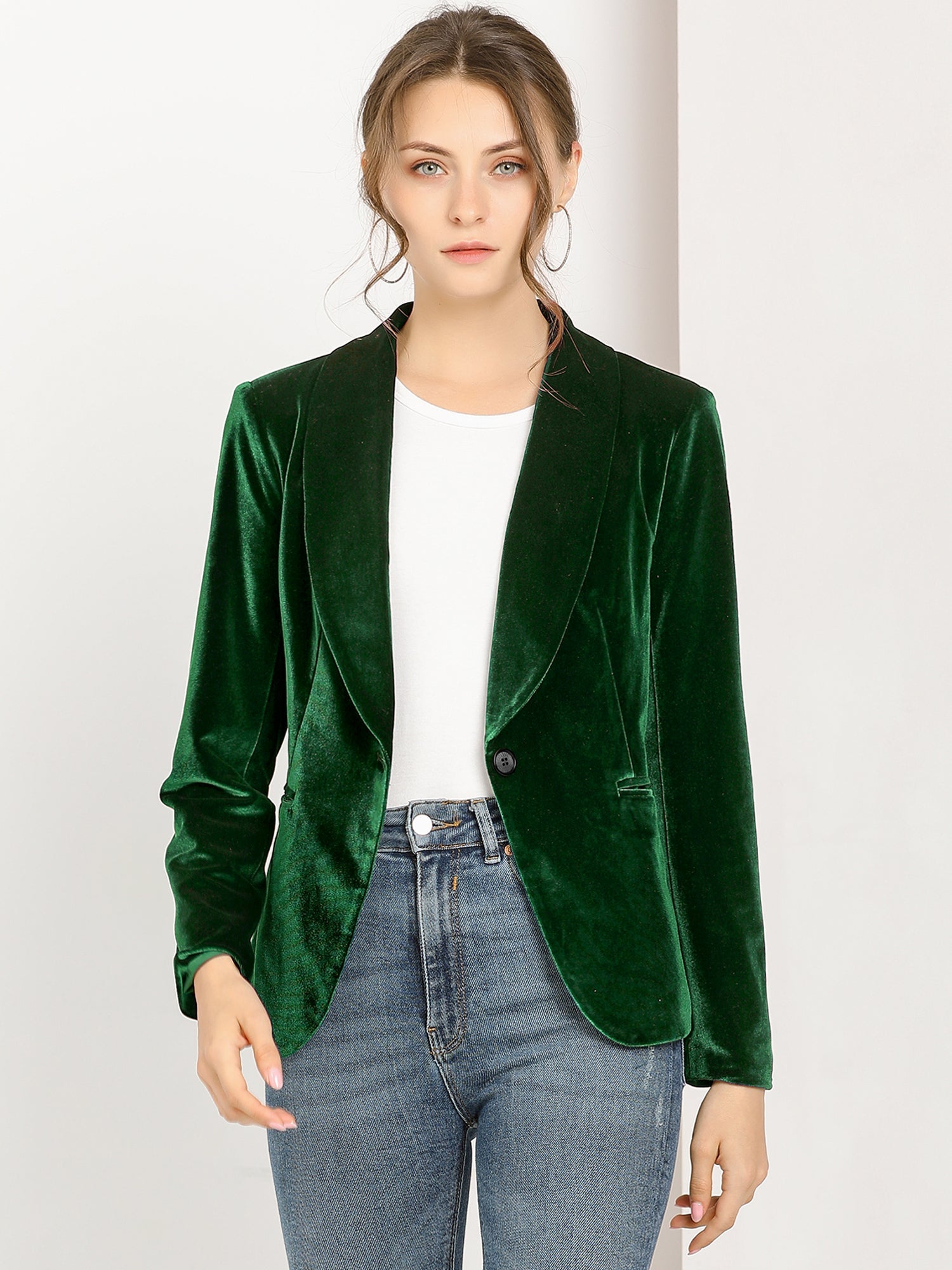 Shawl Collar Single Button Velvet Solid Office Work Jacket Blazer