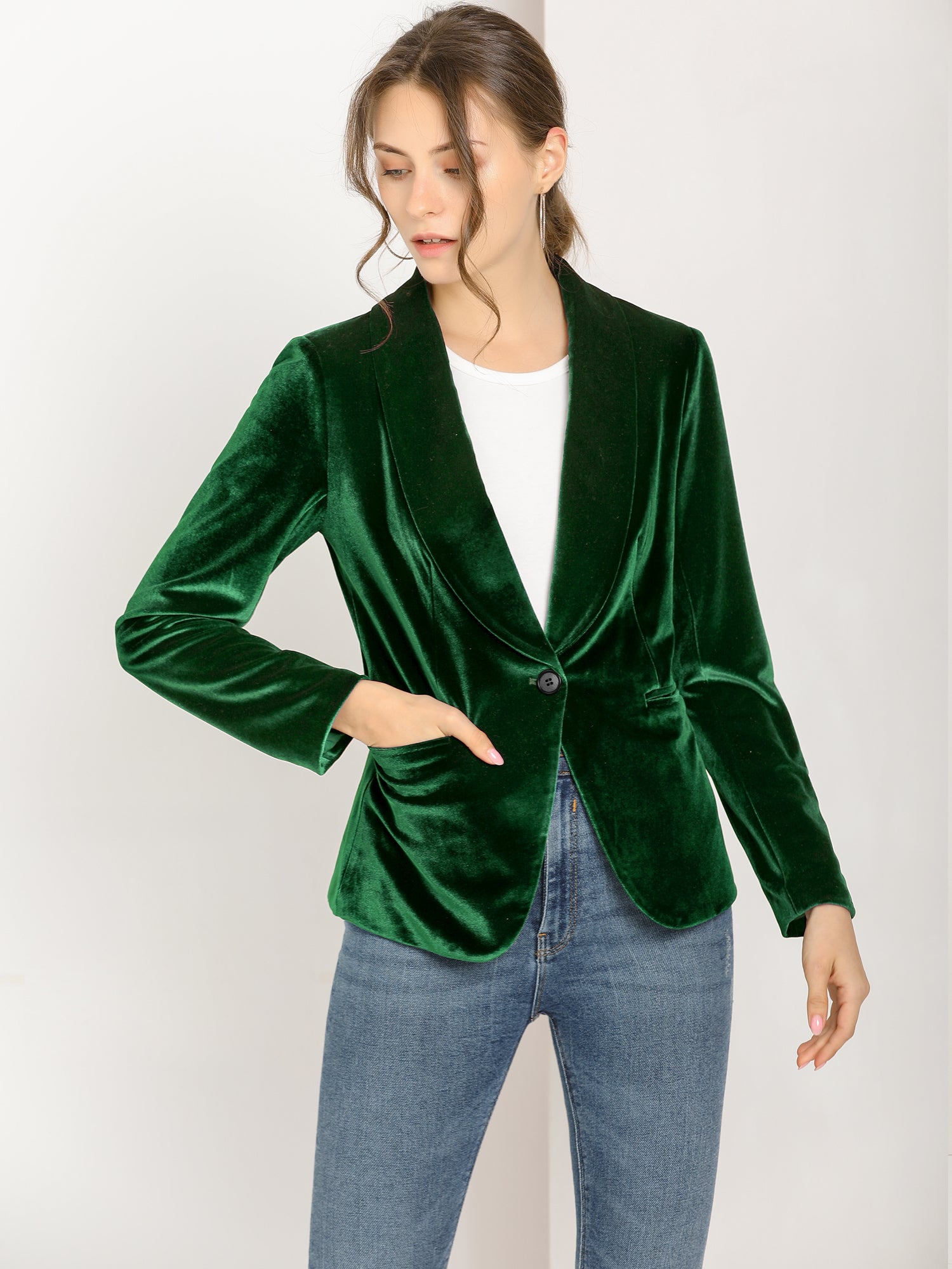 Shawl Collar Single Button Velvet Solid Office Work Jacket Blazer