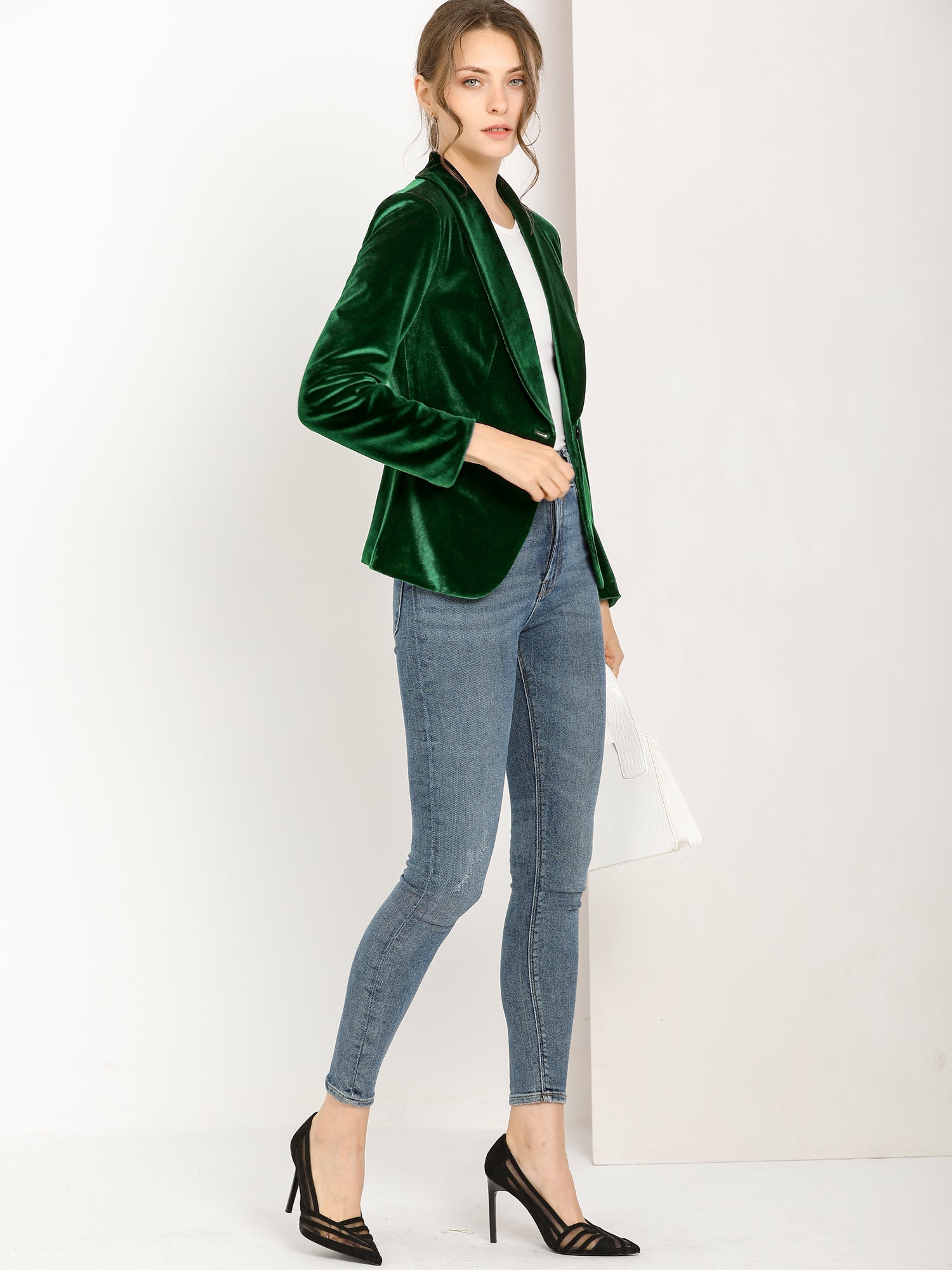 Shawl Collar Single Button Velvet Solid Office Work Jacket Blazer