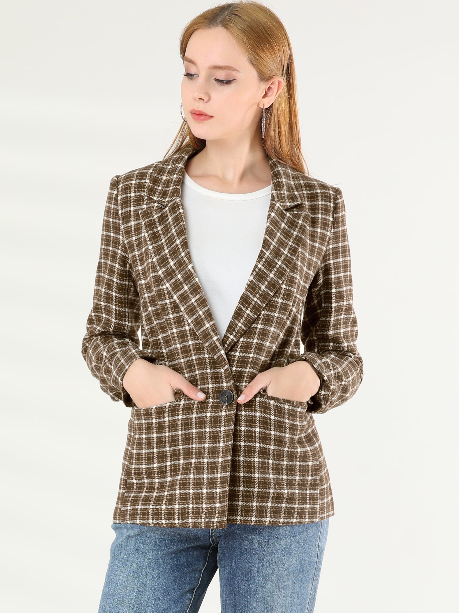 Plaid Notched Lapel One Button Houndstooth Blazer Jacket