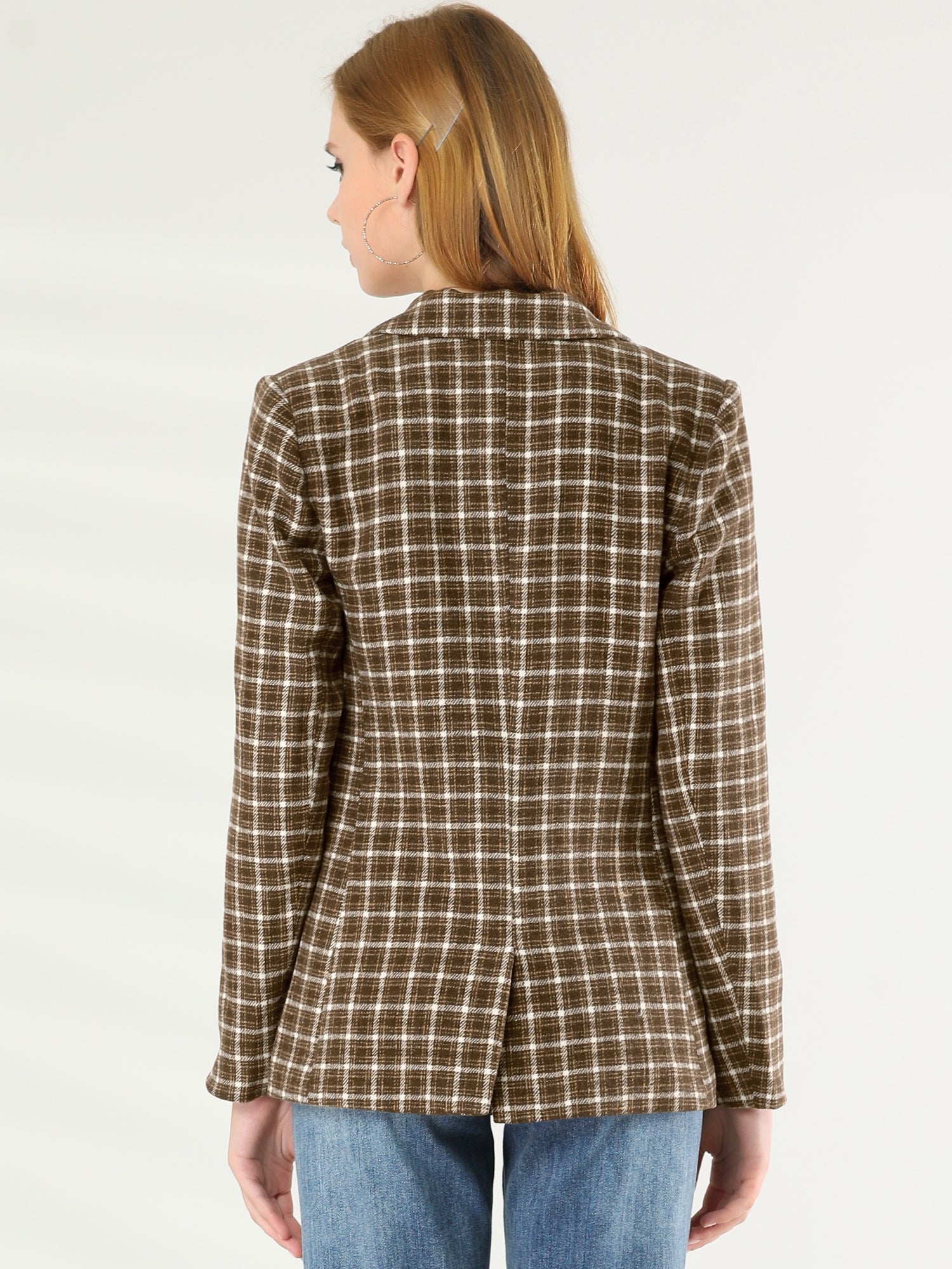 Plaid Notched Lapel One Button Houndstooth Blazer Jacket