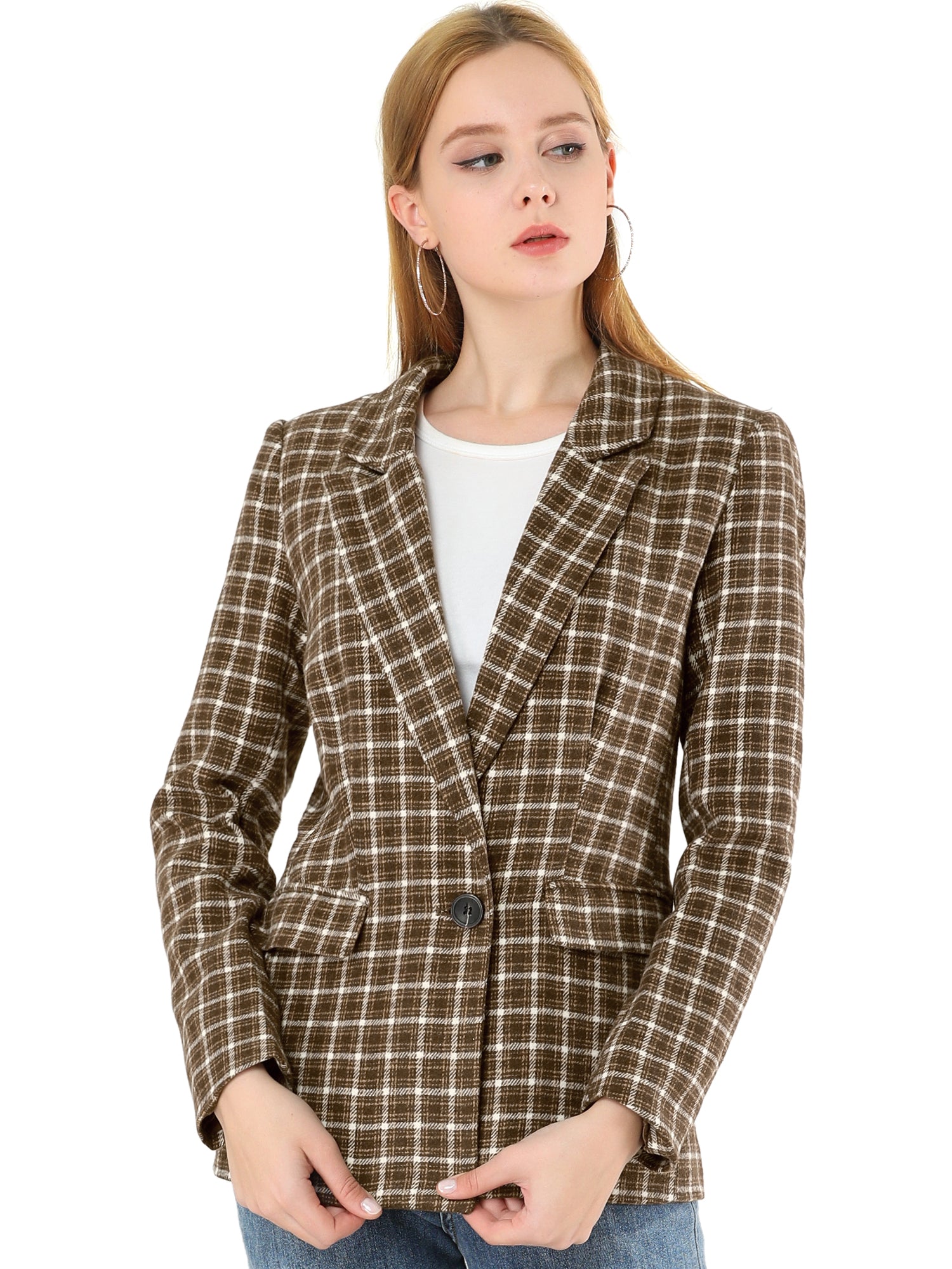 Plaid Notched Lapel One Button Houndstooth Blazer Jacket