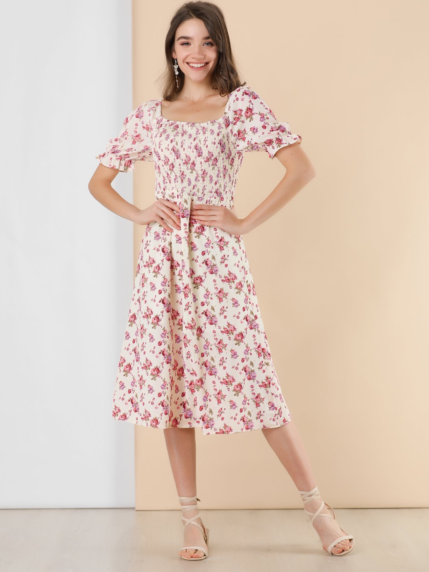 Square Neck Puff Sleeve Shirred Floral Casual Midi Dress
