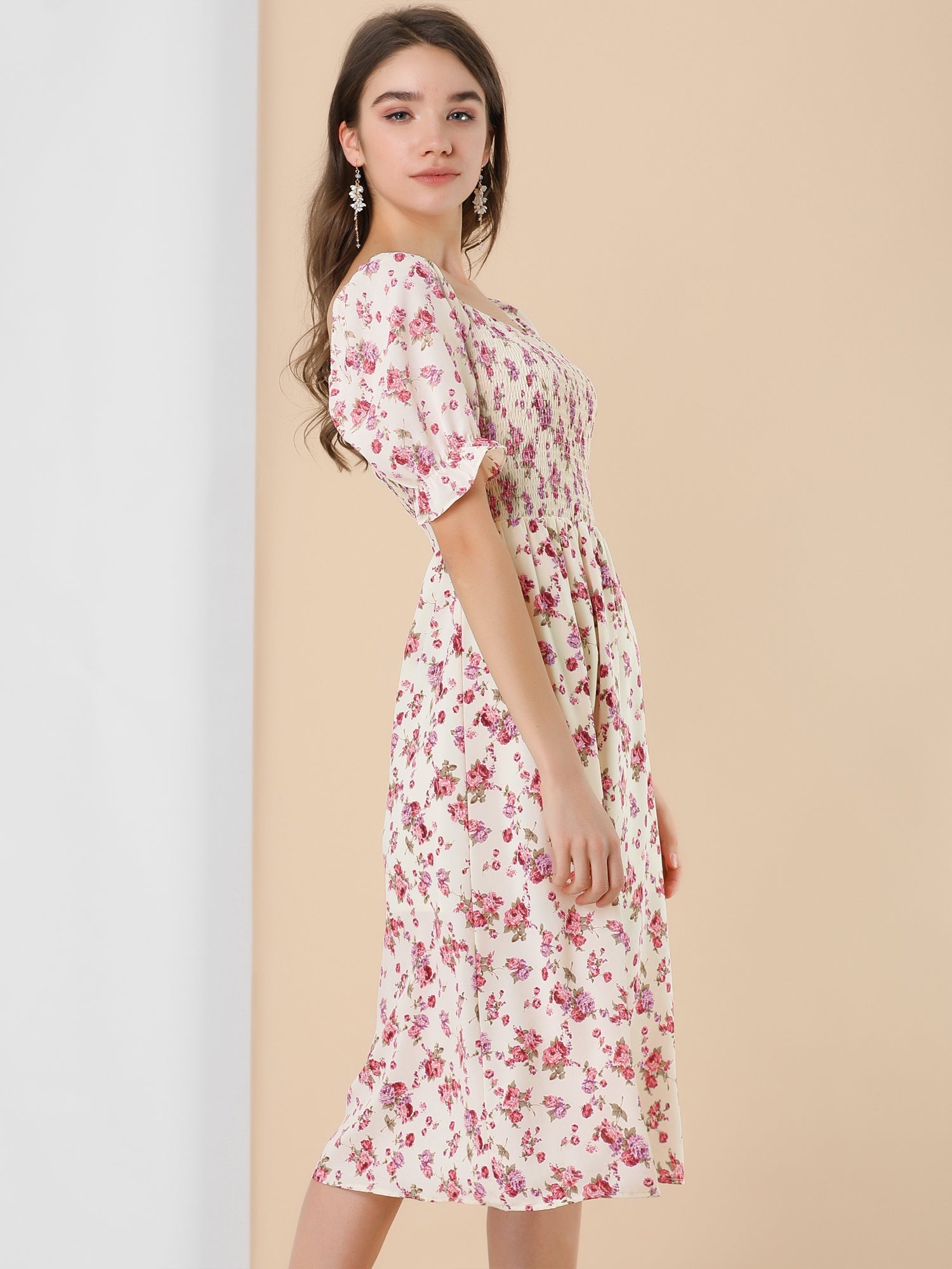 Square Neck Puff Sleeve Shirred Floral Casual Midi Dress