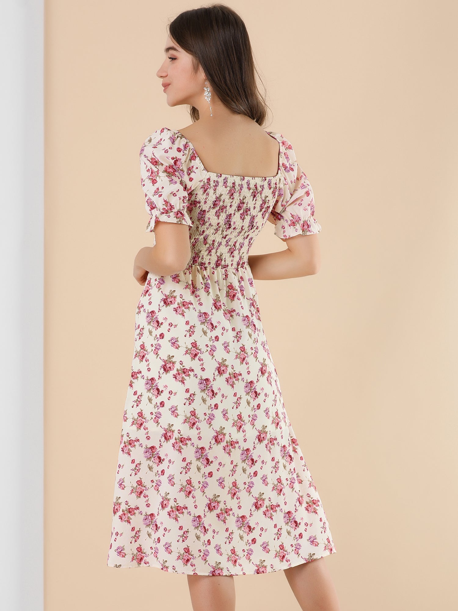 Square Neck Puff Sleeve Shirred Floral Casual Midi Dress