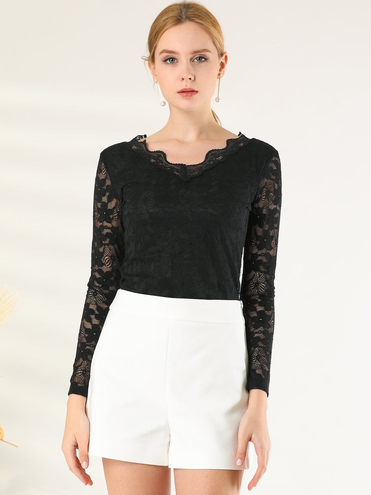 Floral Embroidery Sheer Long Sleeve Lace Blouse Top