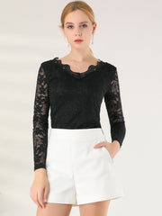 Floral Embroidery Sheer Long Sleeve Lace Blouse Top