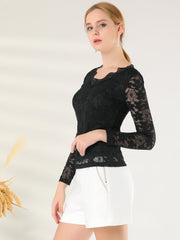 Floral Embroidery Sheer Long Sleeve Lace Blouse Top