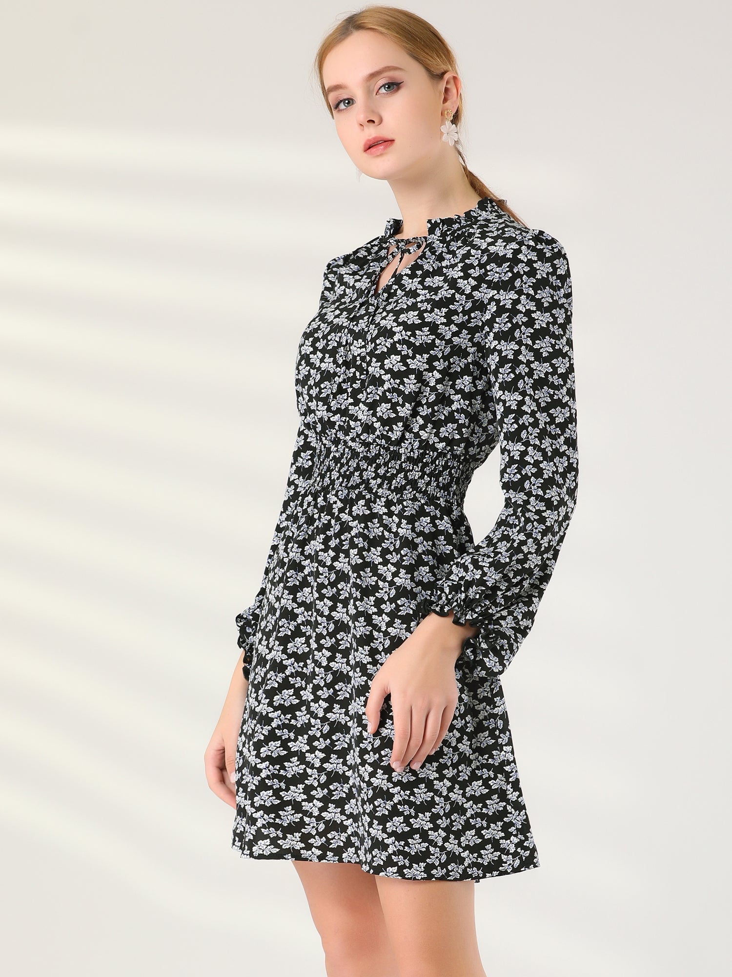 Smocked Waist Tie Neck Floral Long Sleeve Dress