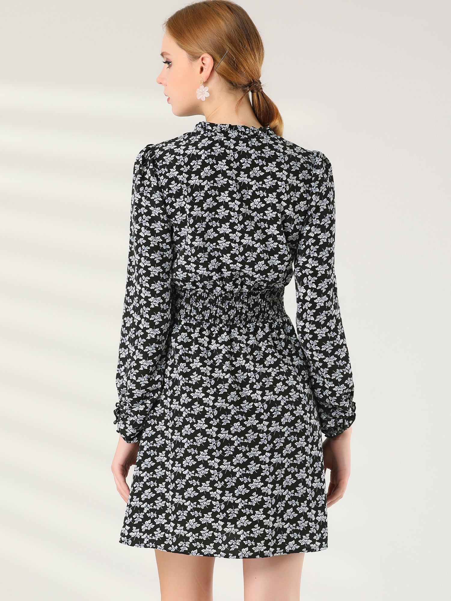 Smocked Waist Tie Neck Floral Long Sleeve Dress
