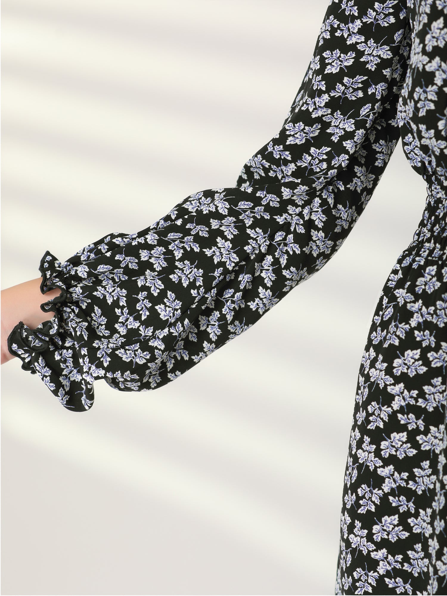 Smocked Waist Tie Neck Floral Long Sleeve Dress