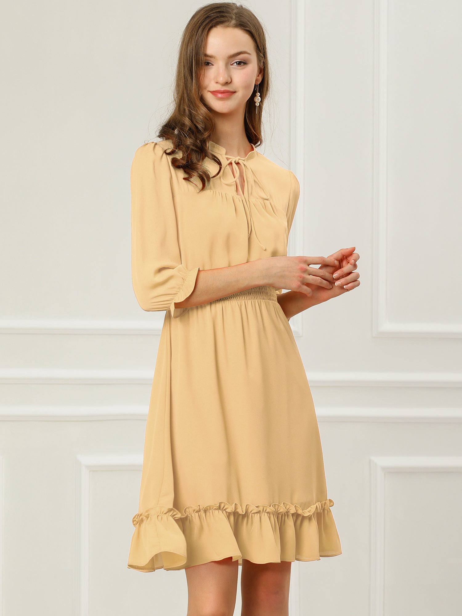 Ruffle Hem 3/4 Sleeve A-Line Smocked Short Chiffon Dress