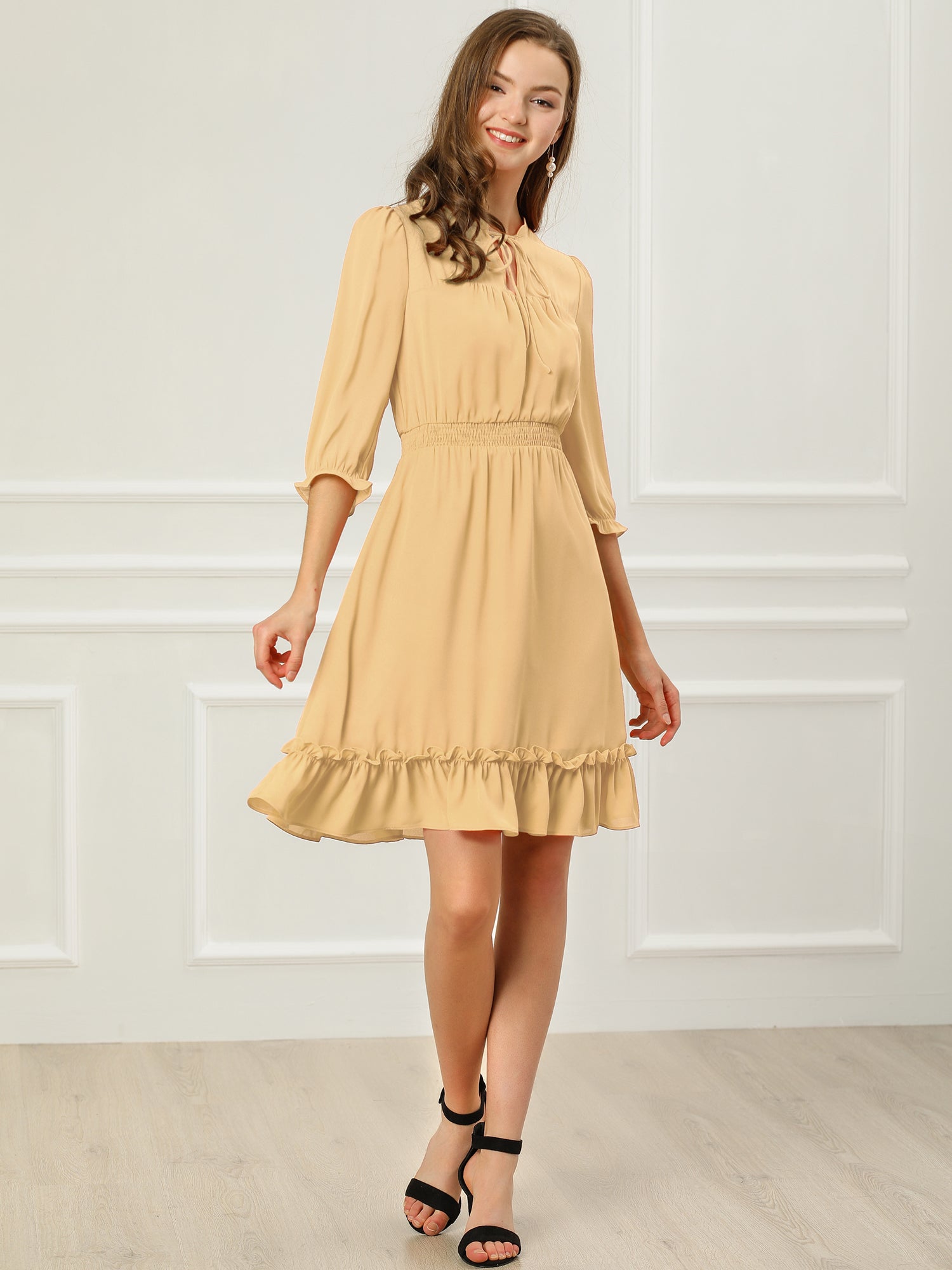 Ruffle Hem 3/4 Sleeve A-Line Smocked Short Chiffon Dress