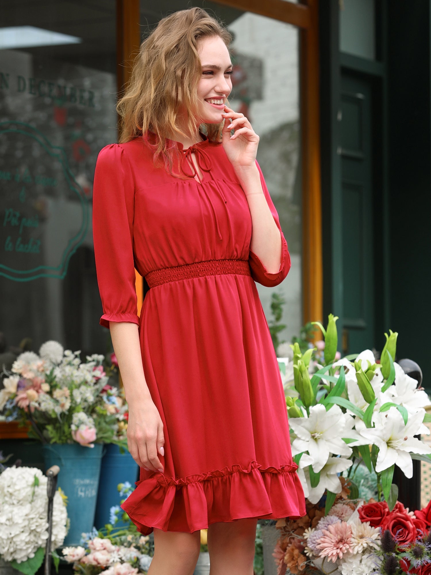 Ruffle Hem 3/4 Sleeve A-Line Smocked Short Chiffon Dress