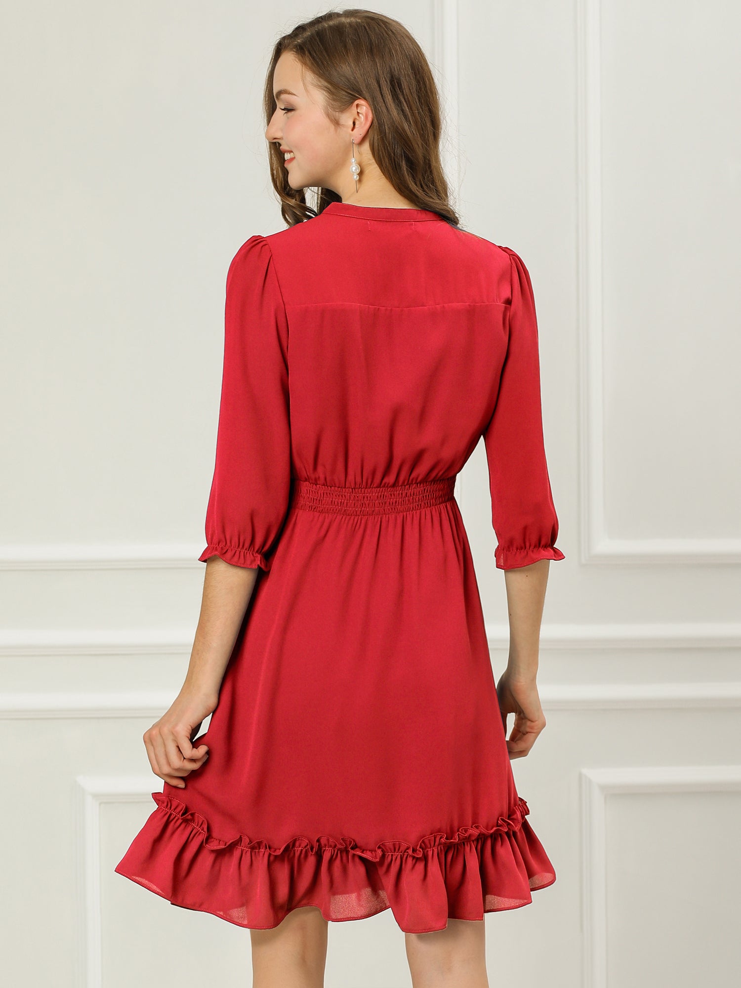 Ruffle Hem 3/4 Sleeve A-Line Smocked Short Chiffon Dress
