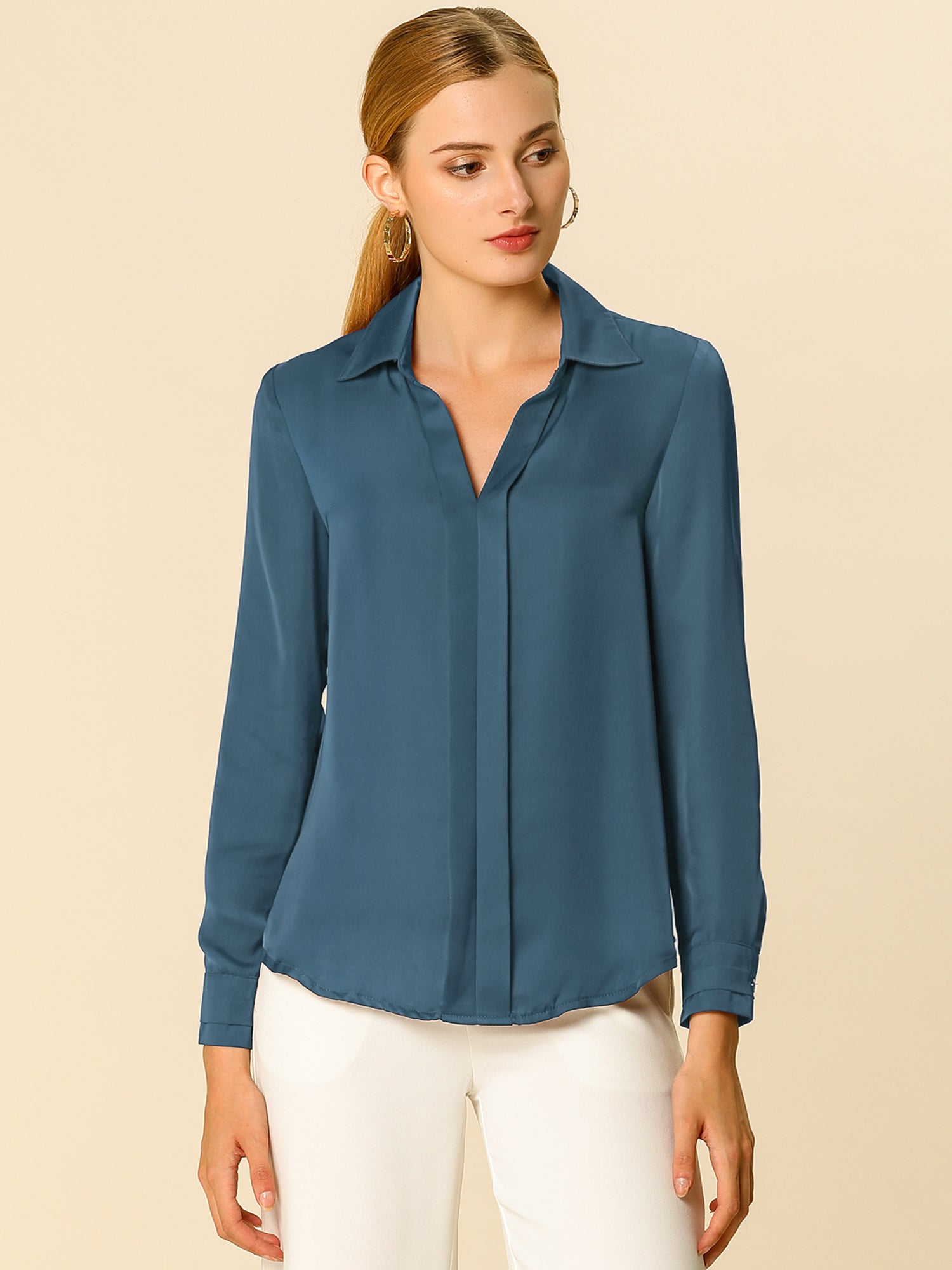 Satin V Neck Long Sleeve Silky Office Work Solid Shirt