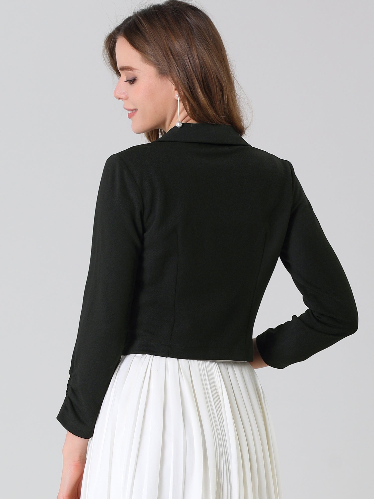 Notched Lapel Ruched Sleeve Business Cropped Jacket Blazer