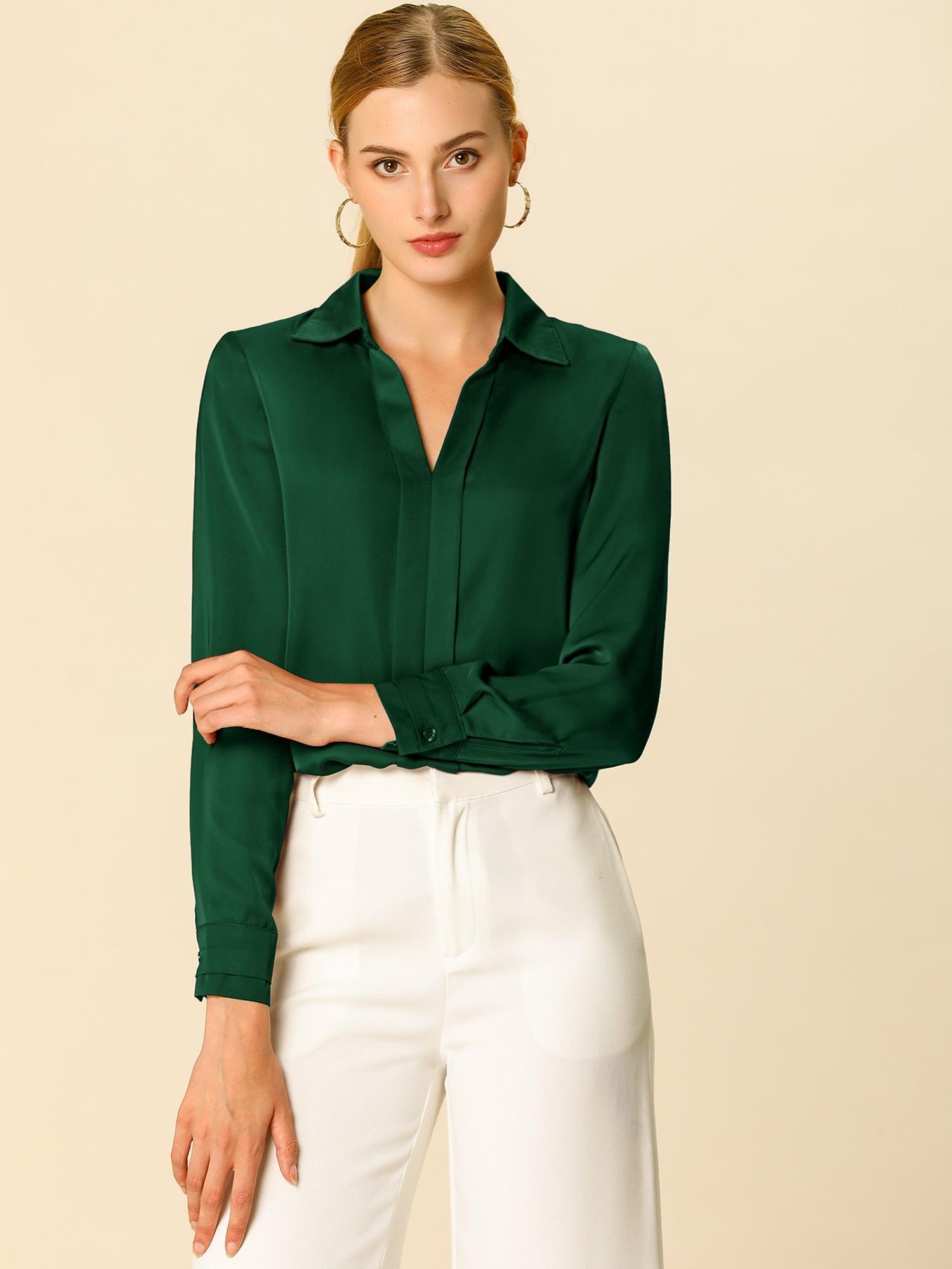 Satin V Neck Long Sleeve Silky Office Work Solid Shirt