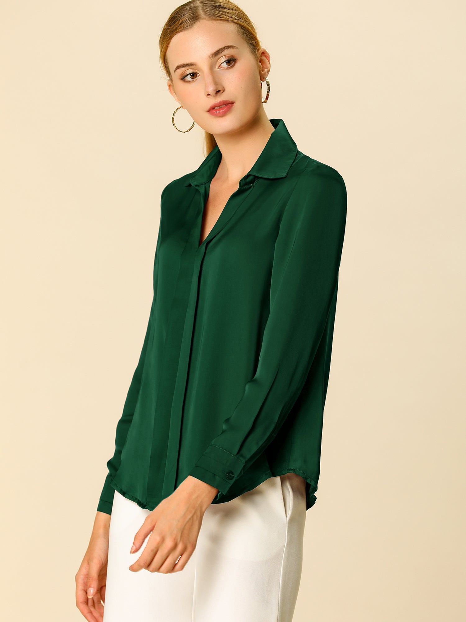 Satin V Neck Long Sleeve Silky Office Work Solid Shirt