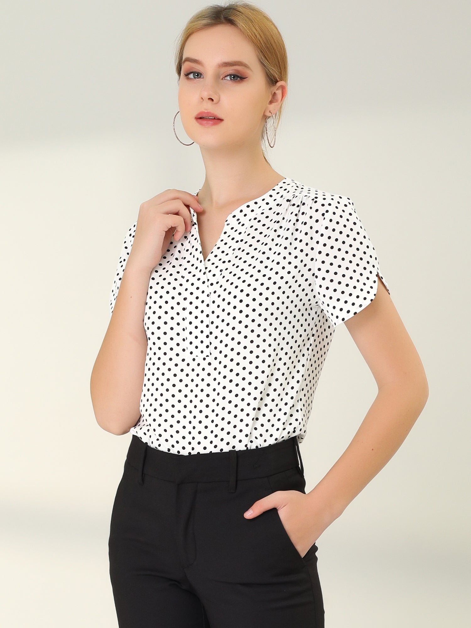 Polka Dots Print V Neck Short Sleeve Elegant Work Office Tops