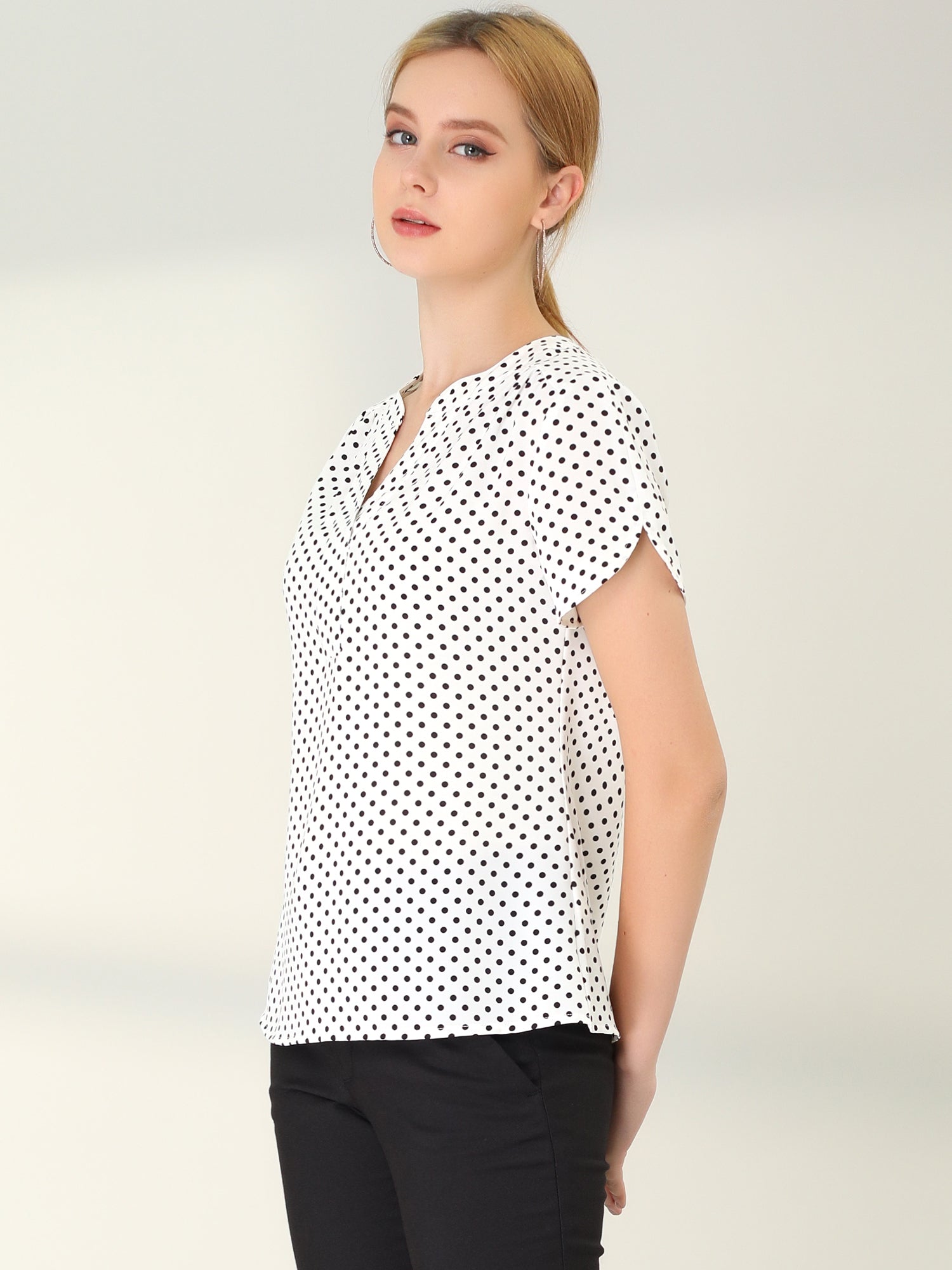 Polka Dots Print V Neck Short Sleeve Elegant Work Office Tops