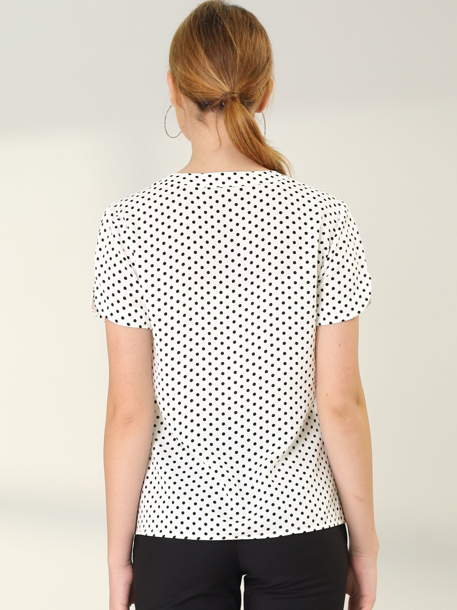 Polka Dots Print V Neck Short Sleeve Elegant Work Office Tops