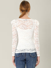 Retro Lace Semi Sheer Puff Long Sleeve Embroidery Blouse