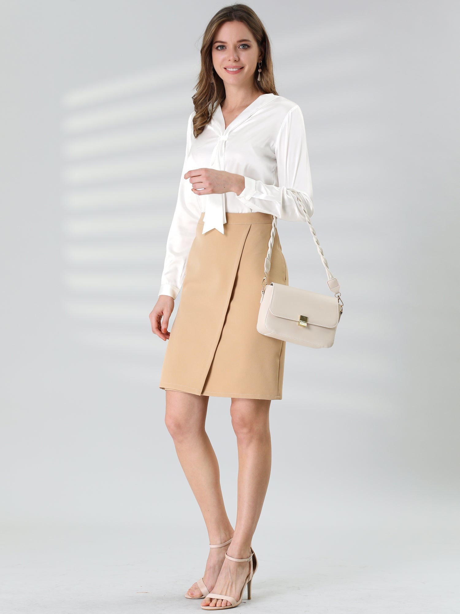 Satin Tie Neck Long Sleeve Solid Color Elegant Office Work Shirt Top