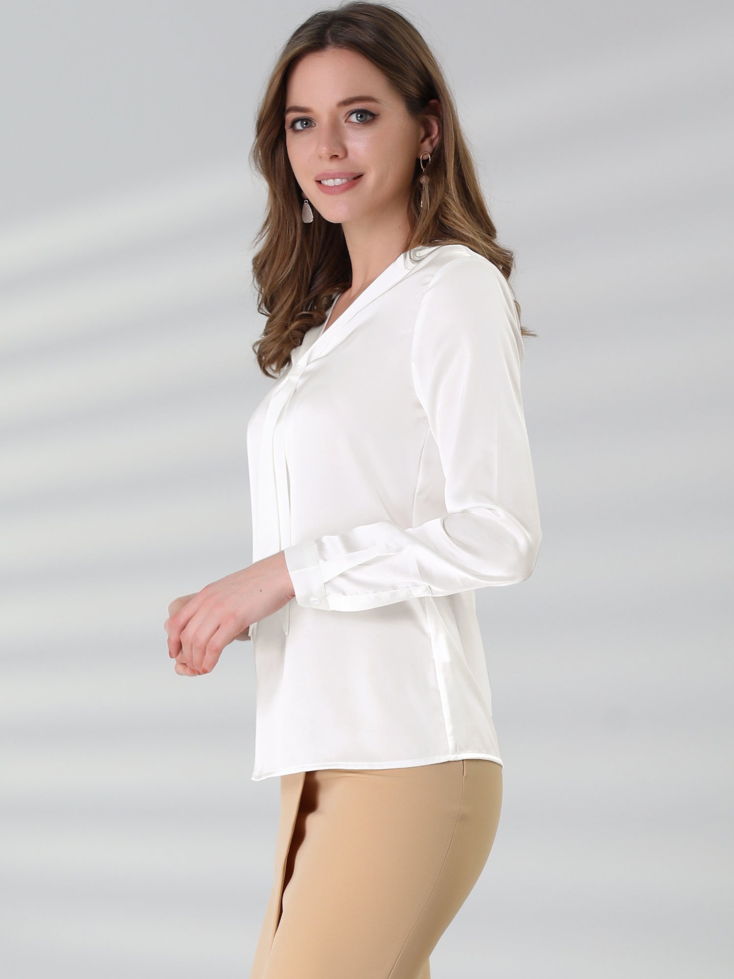 Satin Tie Neck Long Sleeve Solid Color Elegant Office Work Shirt Top