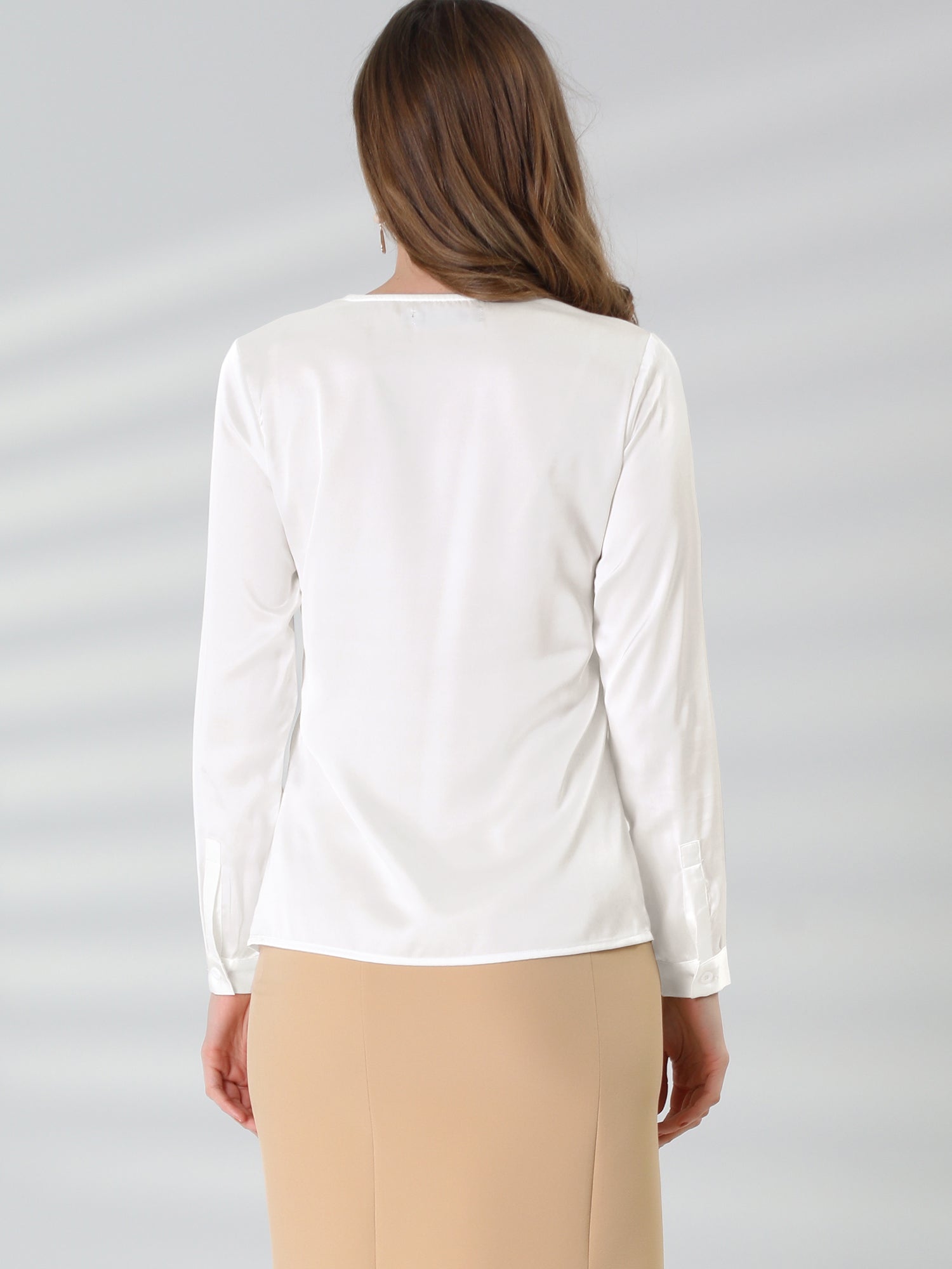Satin Tie Neck Long Sleeve Solid Color Elegant Office Work Shirt Top