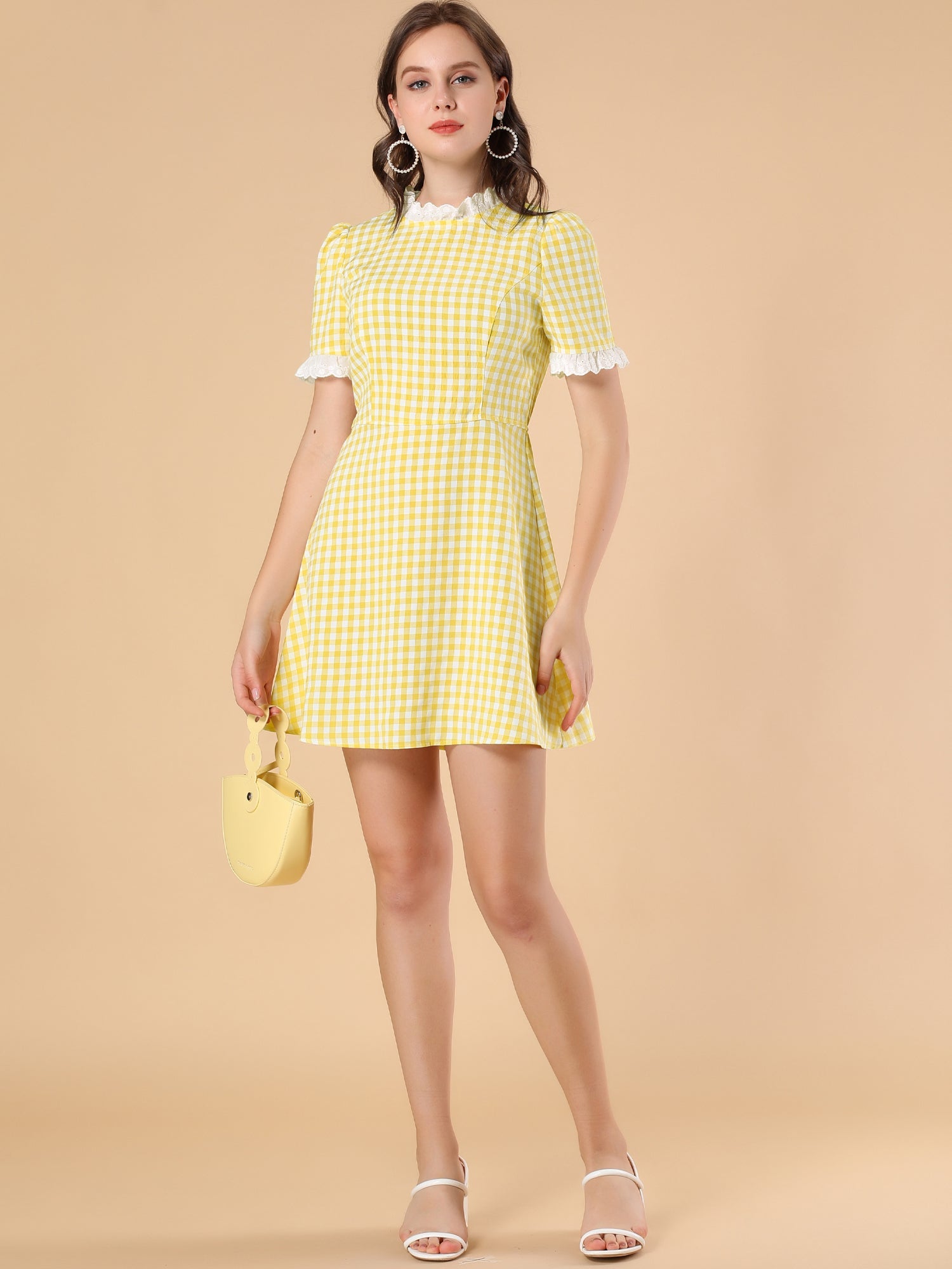 Summer Ruffle Neck Lace Panel Short Sleeve Check Gingham Dress