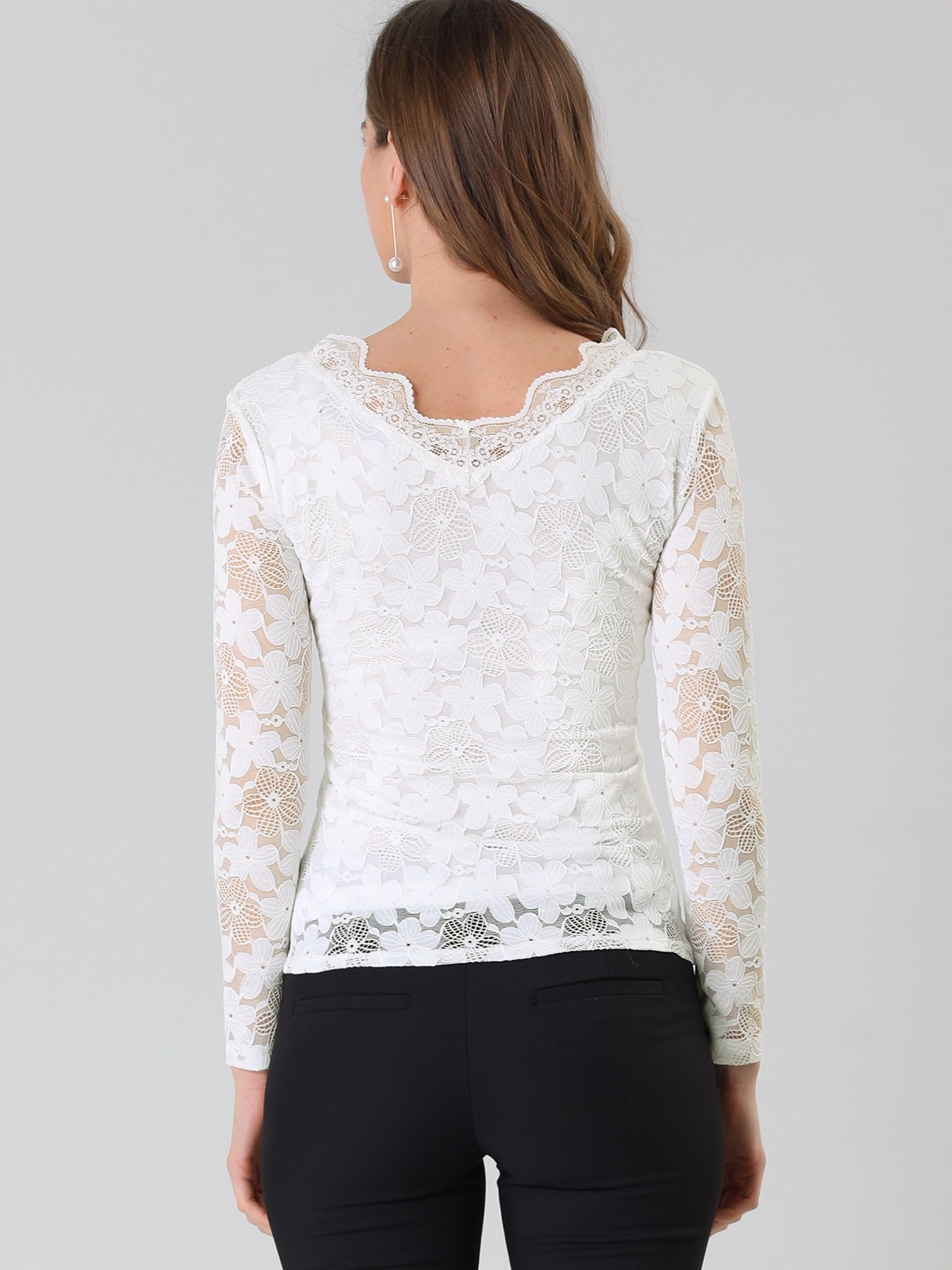 Floral Embroidery Sheer Long Sleeve Lace Blouse Top