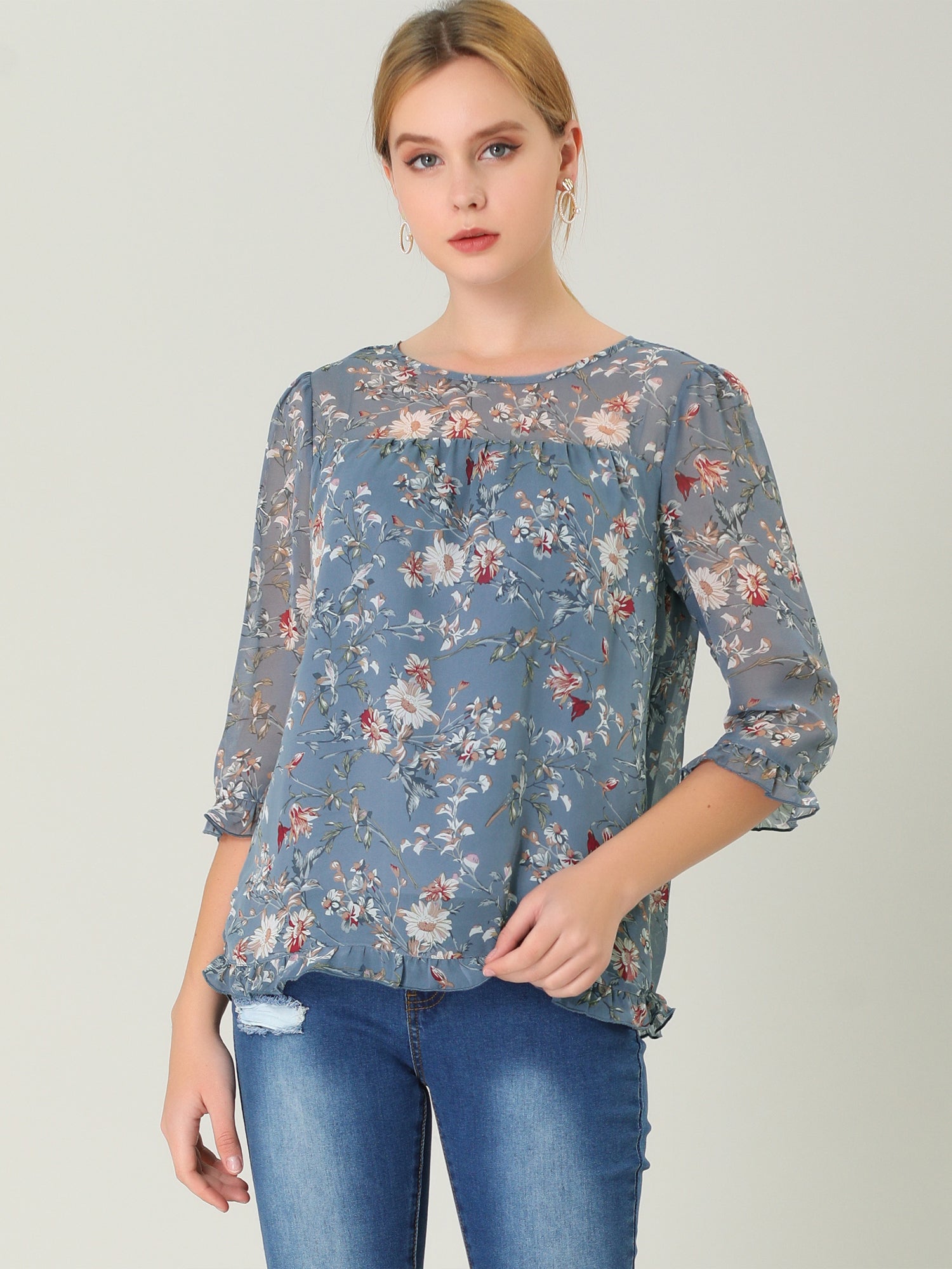 Casual Ruffle Floral Print 3/4 Sleeve Chiffon Blouse