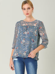 Casual Ruffle Floral Print 3/4 Sleeve Chiffon Blouse