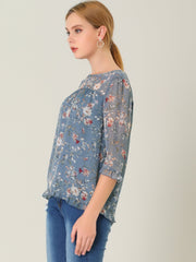 Casual Ruffle Floral Print 3/4 Sleeve Chiffon Blouse