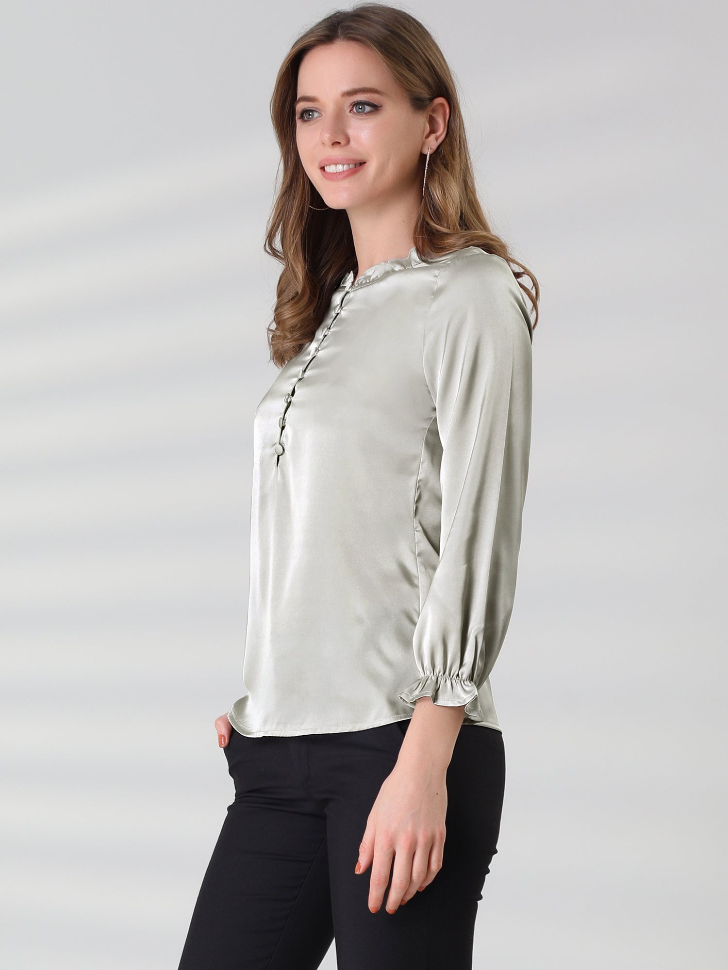 Ruffle Neck Bubble Sleeve Elastic Cuff Button Satin Blouse