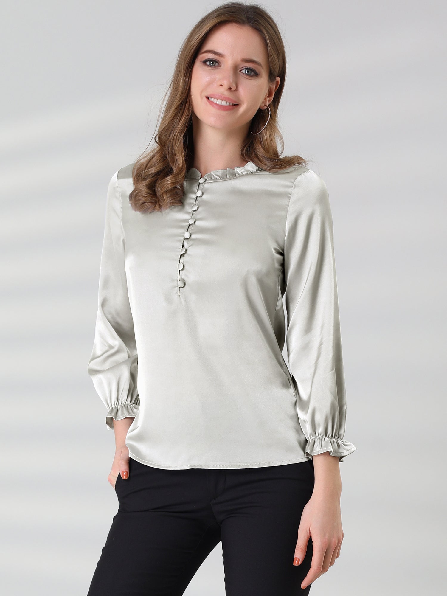 Ruffle Neck Bubble Sleeve Elastic Cuff Button Satin Blouse