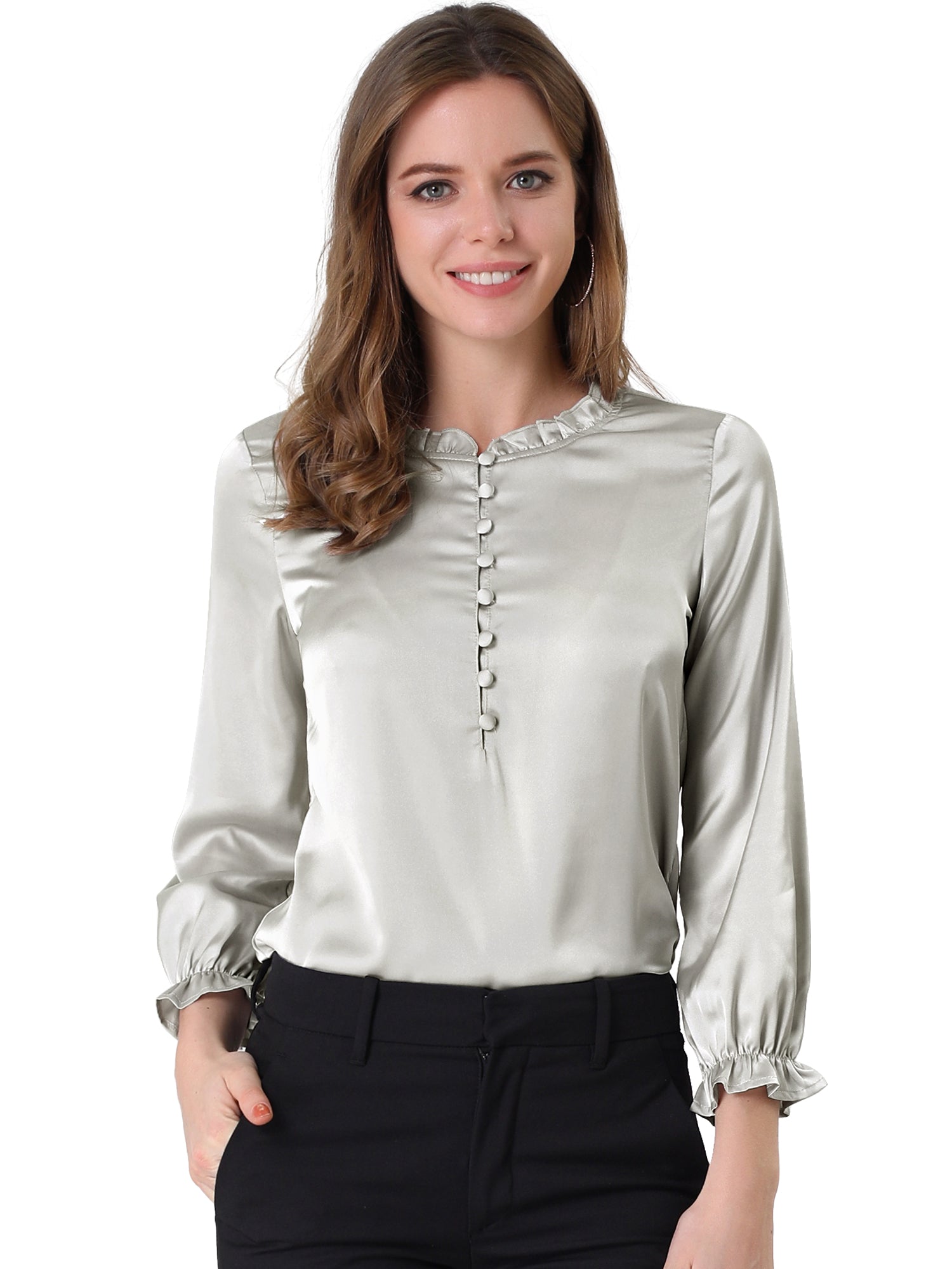 Ruffle Neck Bubble Sleeve Elastic Cuff Button Satin Blouse