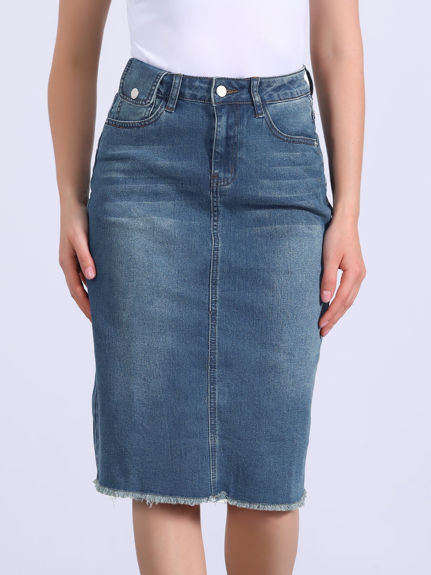 Casual High Waist Back Slit Stretch Denim Midi Jean Skirt