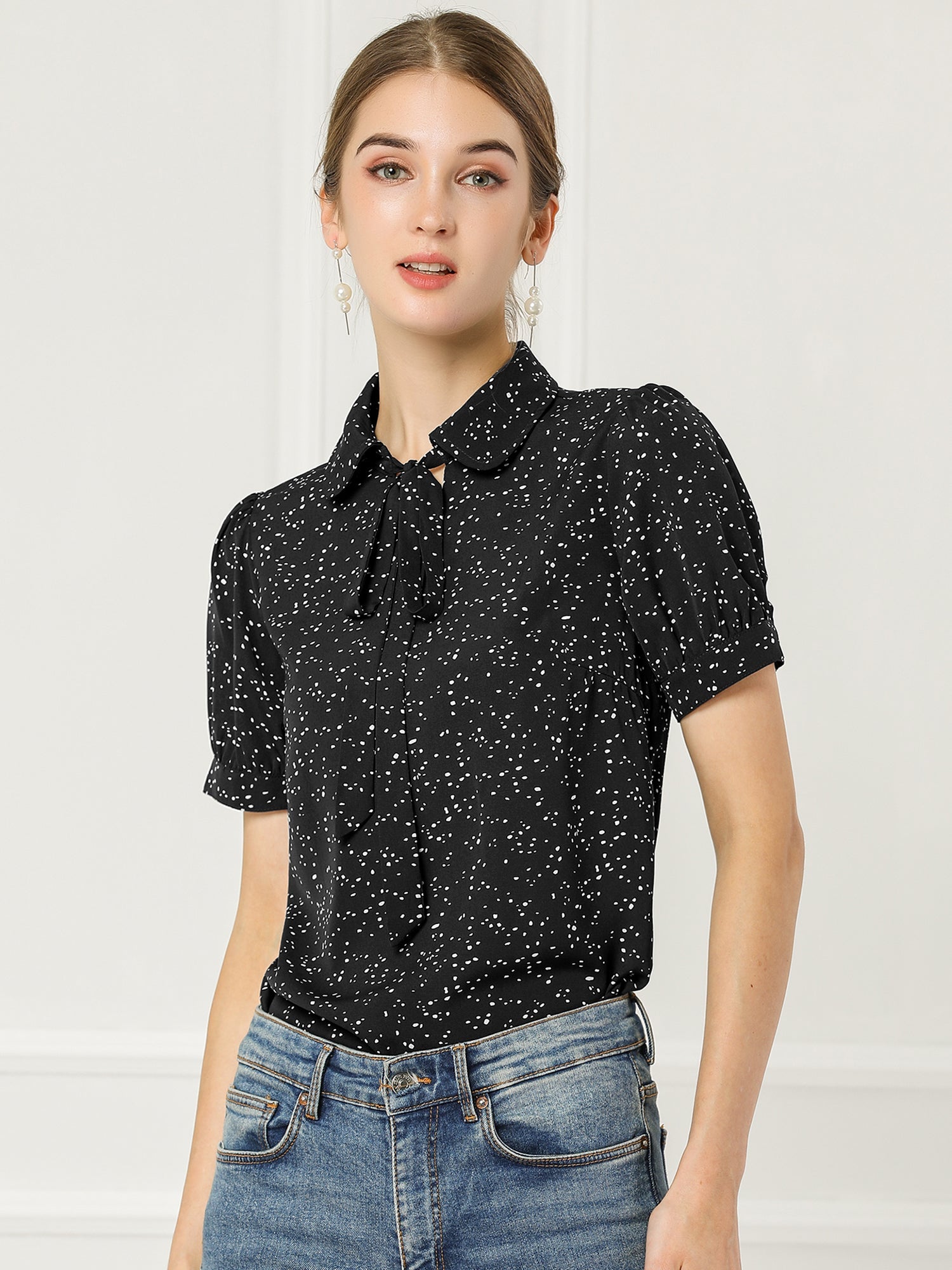 Retro Dots Bow Tie Peter Pan Collar Chiffon Blouse