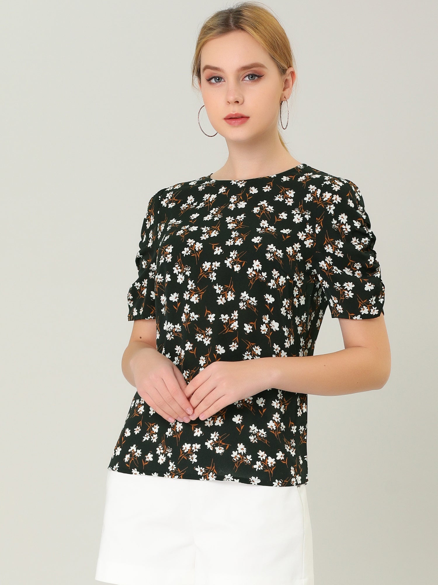Floral Crew Neck Ruched Sleeve Casual Blouse