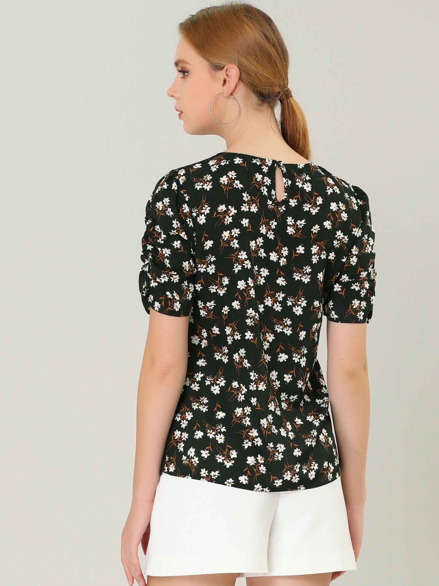 Floral Crew Neck Ruched Sleeve Casual Blouse