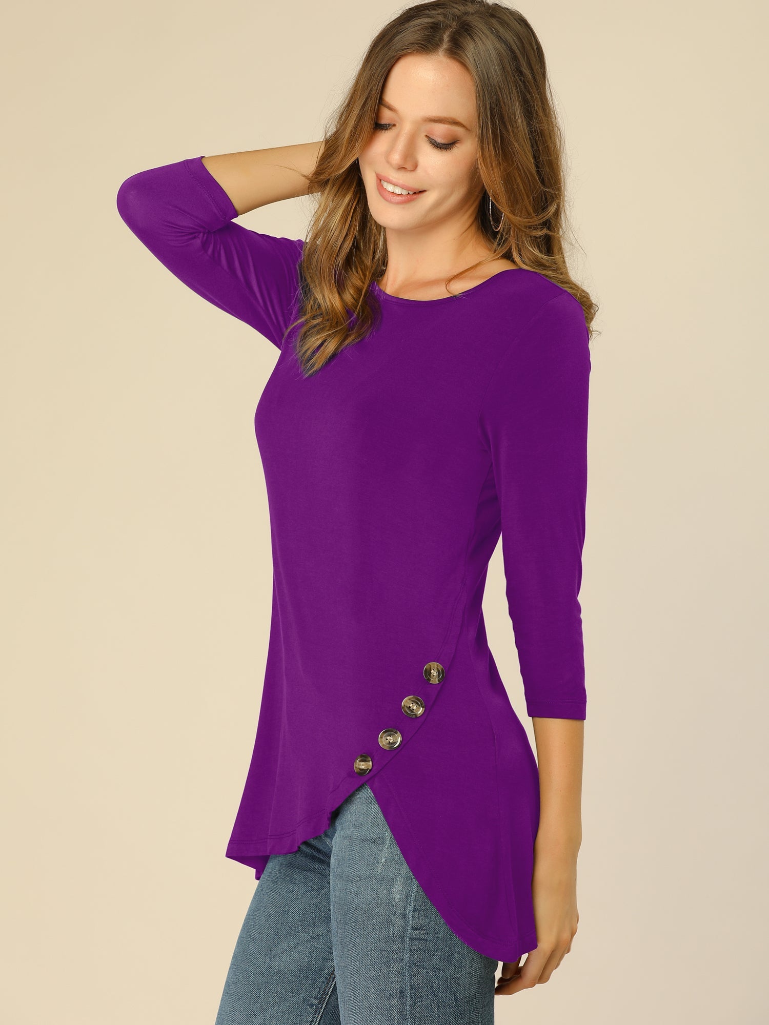 3/4 Sleeve Round Neck Button Decor Casual Stretchy Tunic Tops