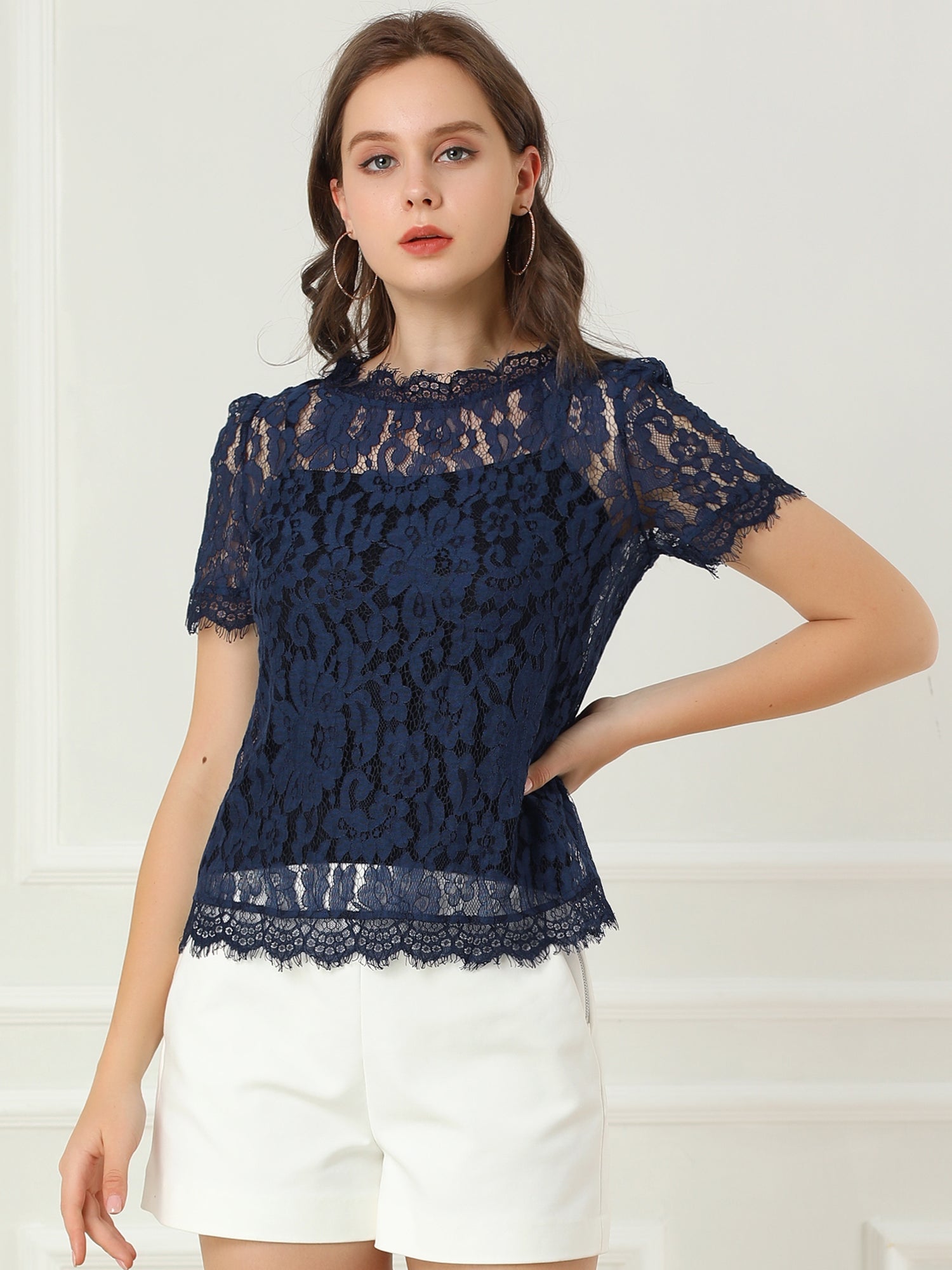Lace Floral Scalloped Trim Short Sleeve Semi Sheer Blouse