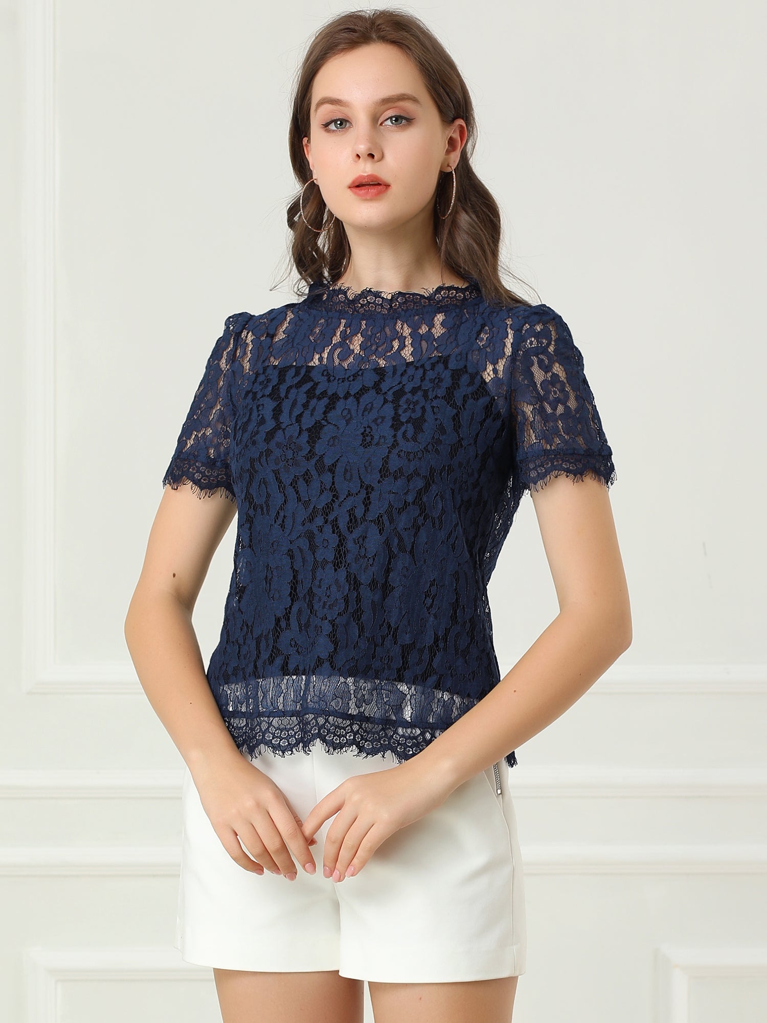 Lace Floral Scalloped Trim Short Sleeve Semi Sheer Blouse