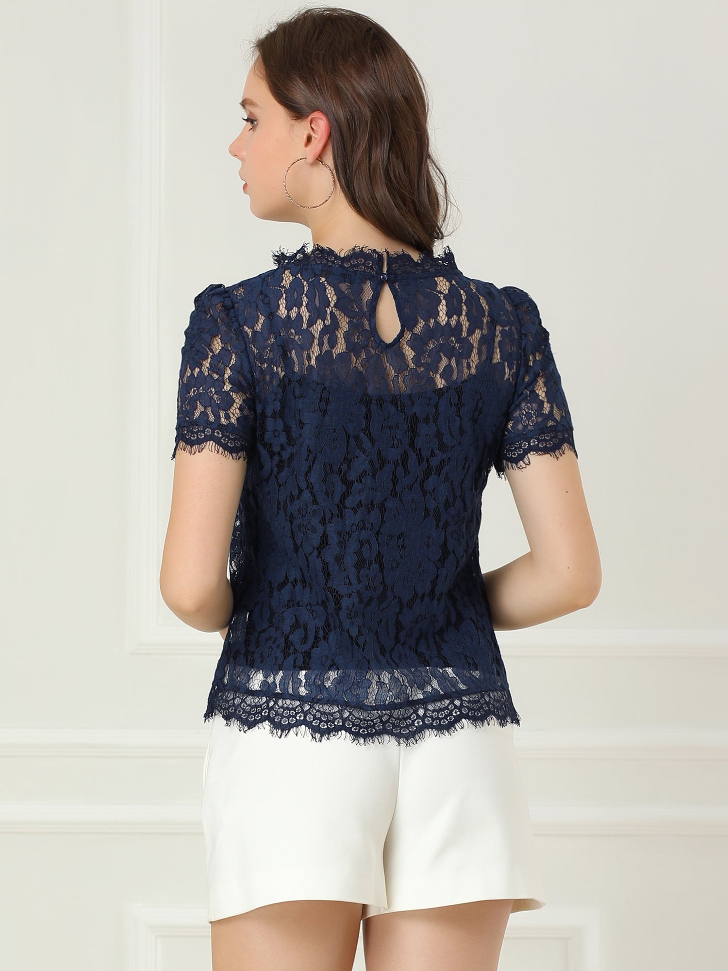 Lace Floral Scalloped Trim Short Sleeve Semi Sheer Blouse